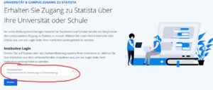 Screenshot einer deutschen Anmeldeseite für den Zugriff auf Statista über eine Hochschule oder Schule, auf der ein Anmeldefeld mit einem Dropdown-Menü zur Auswahl einer Bildungseinrichtung sowie eine blaue Schaltfläche „Prüfen“ zu sehen sind.