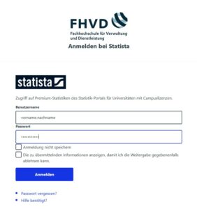 Anmeldeseite für Statista über FHVD mit Feldern für Benutzername und Passwort, einem Kontrollkästchen „Angemeldet bleiben“, einer Schaltfläche „Anmelden“ sowie Optionen für „Passwort vergessen“ und „Hilfe“. Oben wird das FHVD-Logo angezeigt.