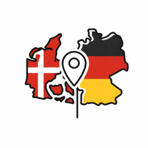 Eine Abbildung, auf der die Landkarten von Dänemark und Deutschland nebeneinander zu sehen sind, jeweils in den Farben ihrer jeweiligen Nationalflaggen, mit einer Ortsmarkierung dazwischen auf weißem Hintergrund.